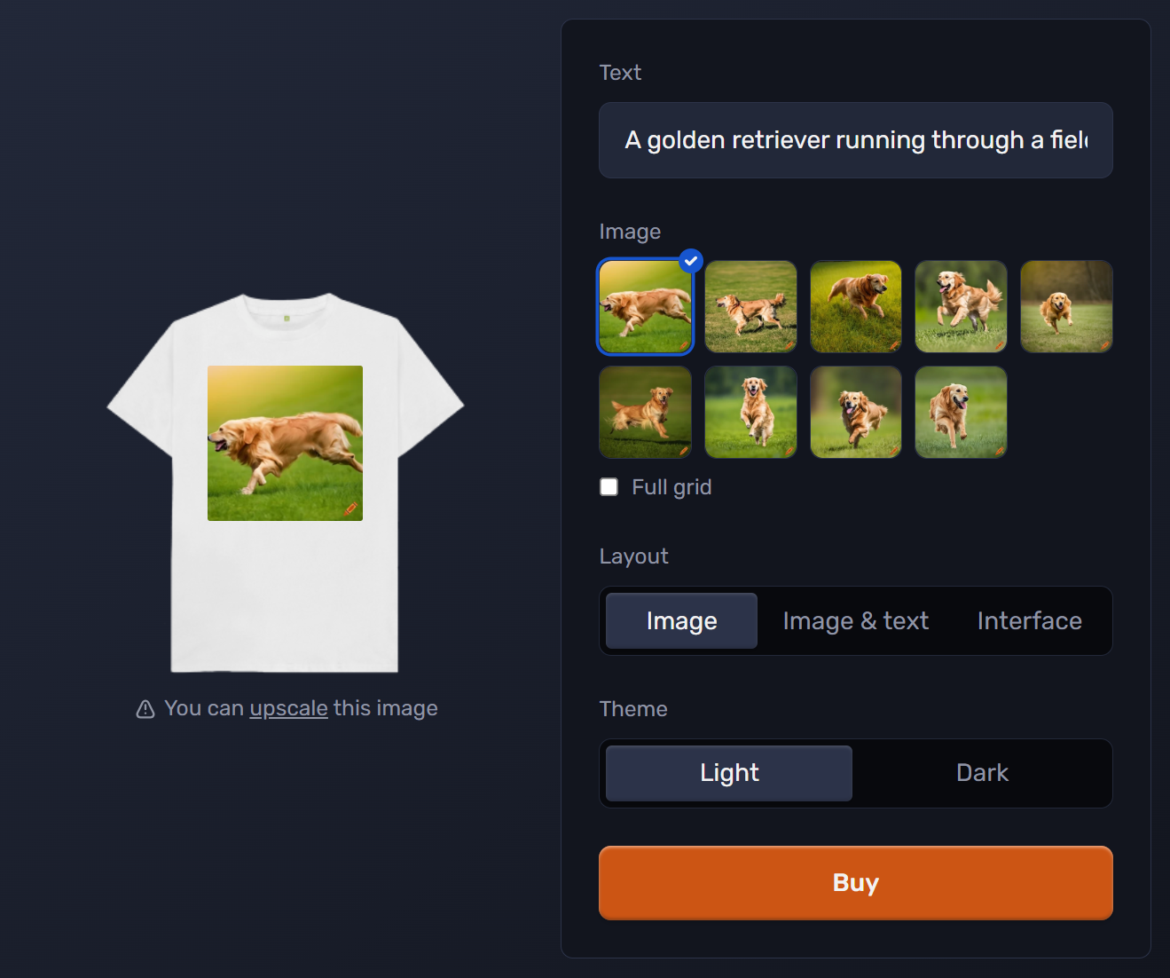 Buying a T-Shirt with an AI image generation of a golden retriever in Craiyon AI.