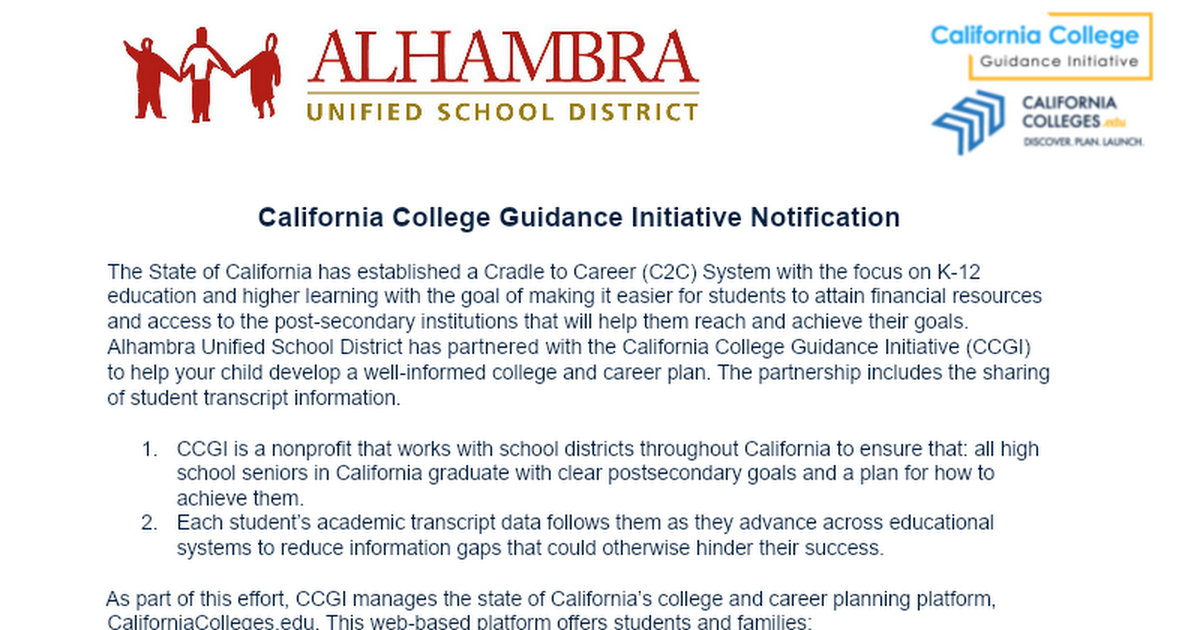 California College Guidance High School Parent Notification (CCGI) October 2022