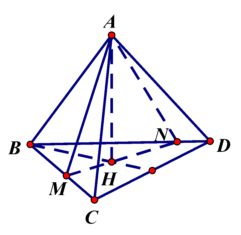 37. Cho tứ diện đều ABCD có cạnh bằng 1. Gọi M, N hai điểm thay đổi lần lượt thuộc cạnh BC, BD sao cho <sub></sub> luôn vuông góc với mặt phẳng <sub></sub>. Gọi <sub></sub>, <sub></sub> lần lượt là giá trị lớn nhất và giá trị nhỏ nhất của thể tích khối tứ diện. Tính V1 + V2 4