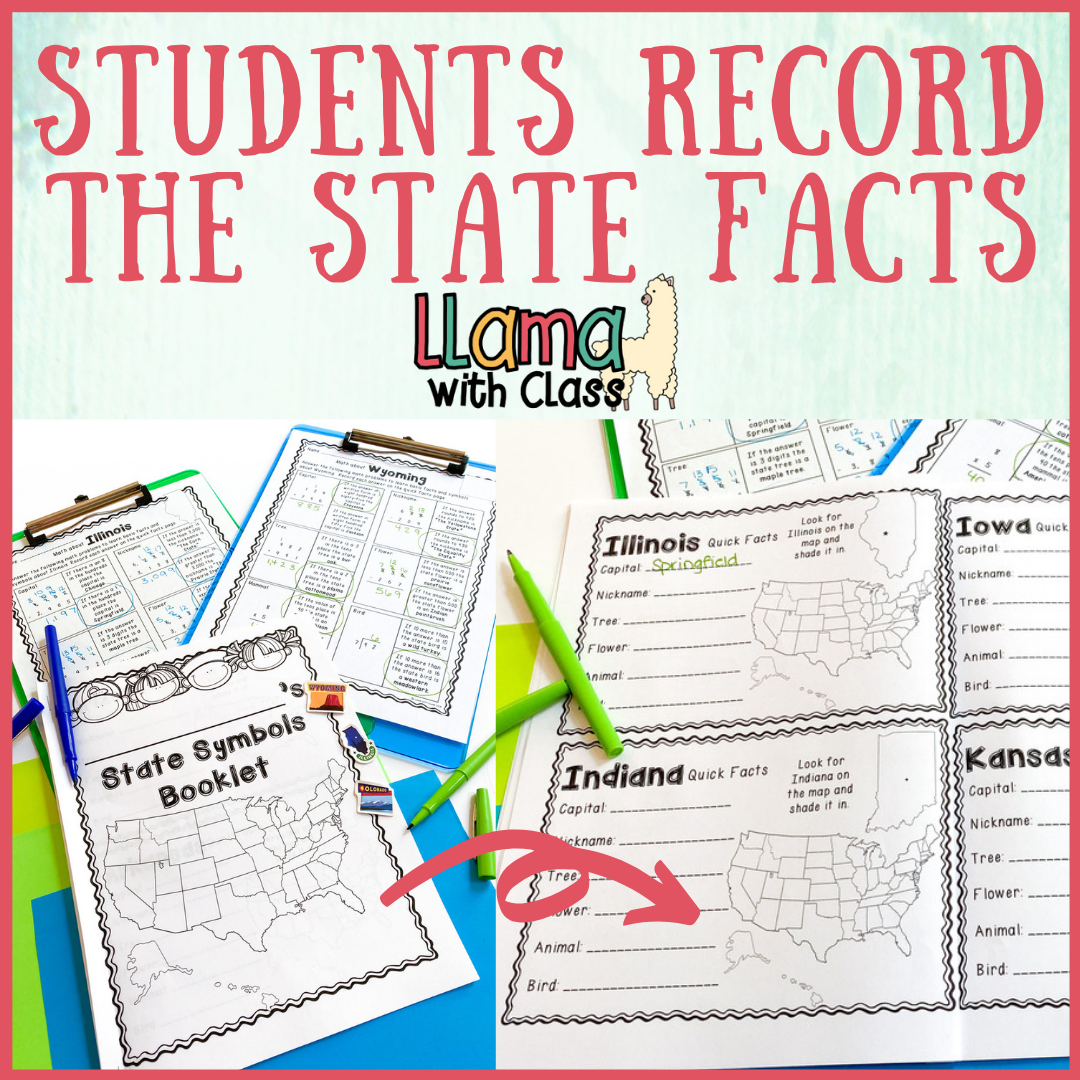 State symbols booklet is show closed and open to show how students record their information in math about the states. 