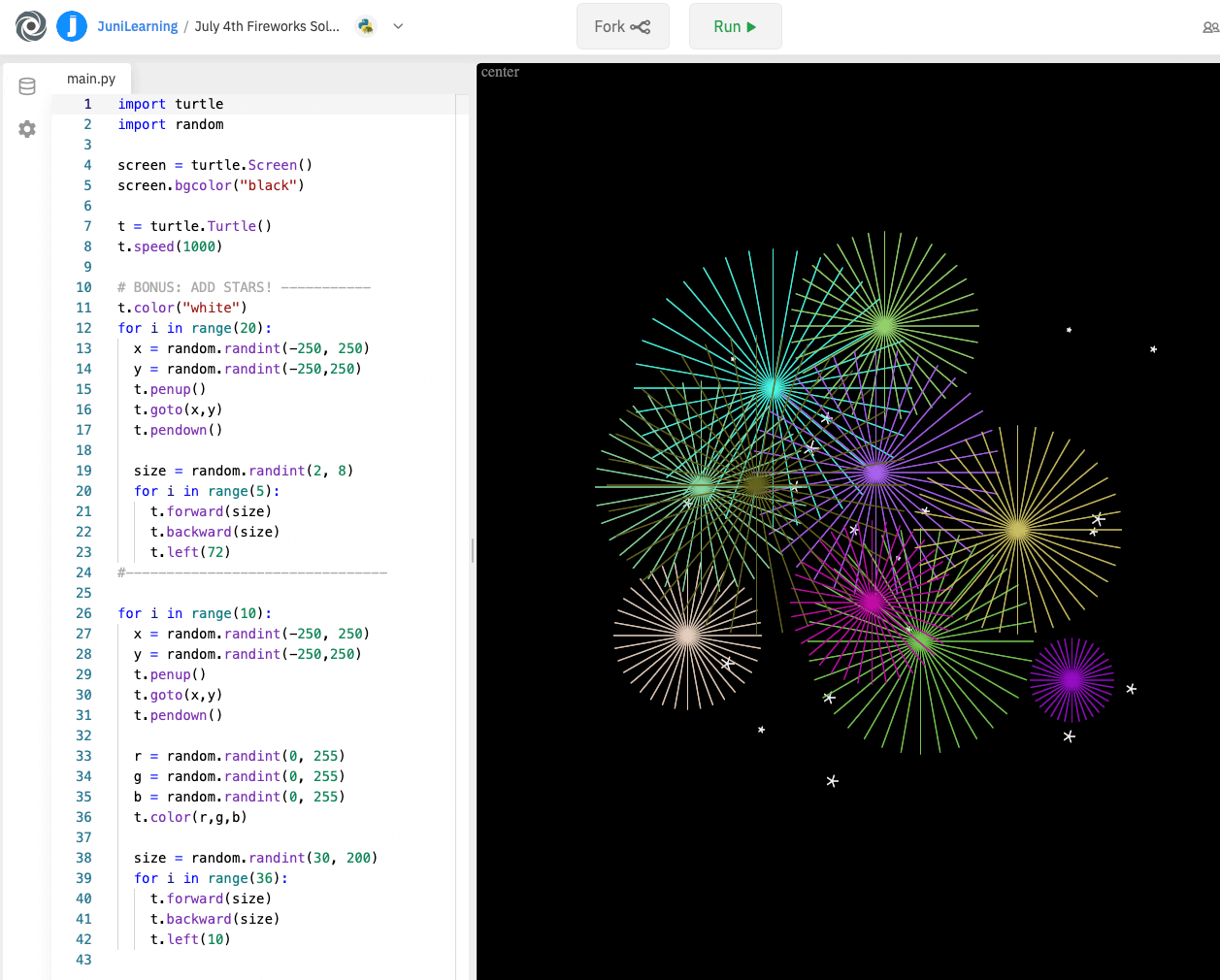An extended Python turtle coding project with fireworks