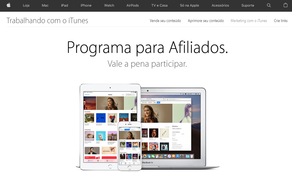 Captura de tela da página inicial do programa de afiliados da Apple