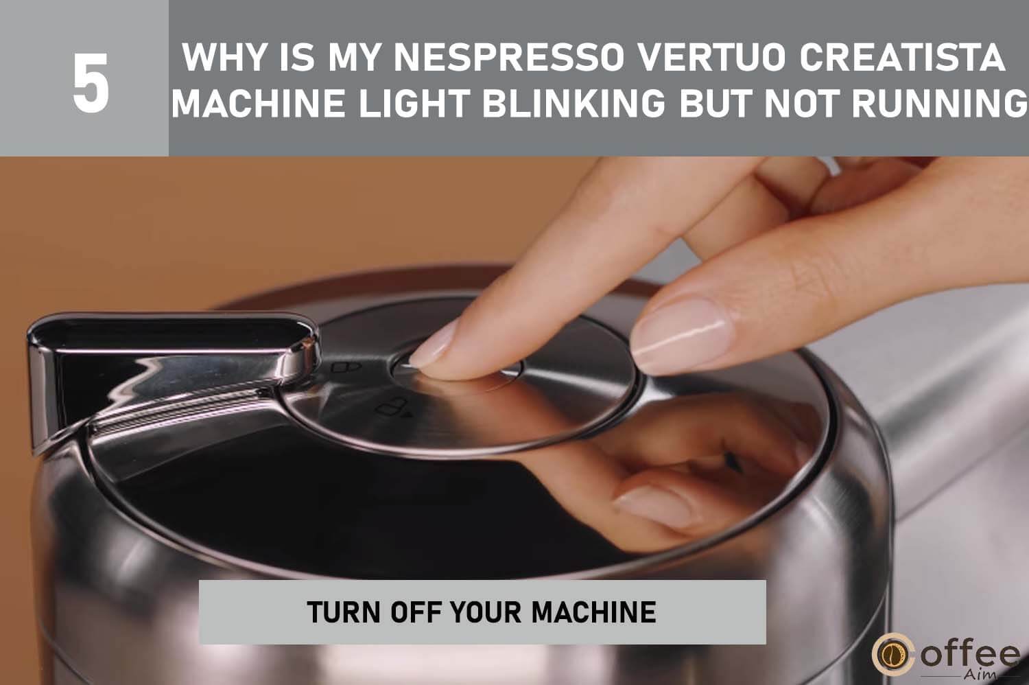 The image displays steps to turn off the Nespresso Vertuo Creatista machine with blinking lights but not working.
