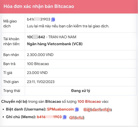 Kiểm tra đơn hàng bán Bitcacao