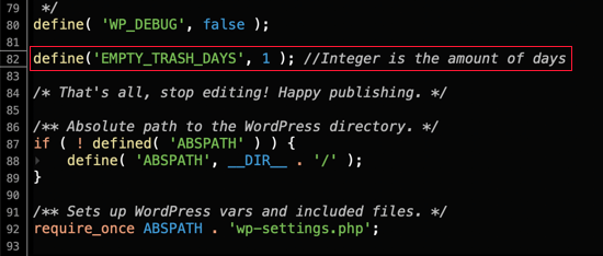 Cole o snippet próximo ao final do arquivo wp-config.php