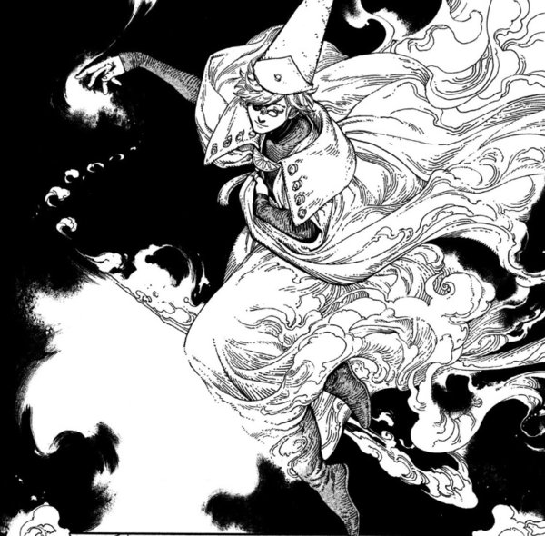 Página del manga Atelier of Witch Hat (Tongari Boushi no Atelier「とんがり帽子のアトリエ」) de Kamome Shirahama「 鴎 白浜  」. En esta página podemos ver a un mago flotando mientras mira con cara ambivalente hacia abajo. EL mago parece estar envuelto en nubes.