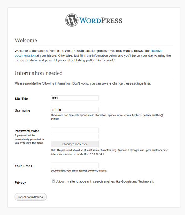 Instalação do WordPress Bem-vindo