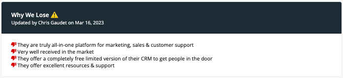 Why we lose - they are truly all-in-one platform for marketing, sales & customer support. Very well received in the market. They offer a completely free limited version of their CRM to get people in the door. They offer excellent resources and support.