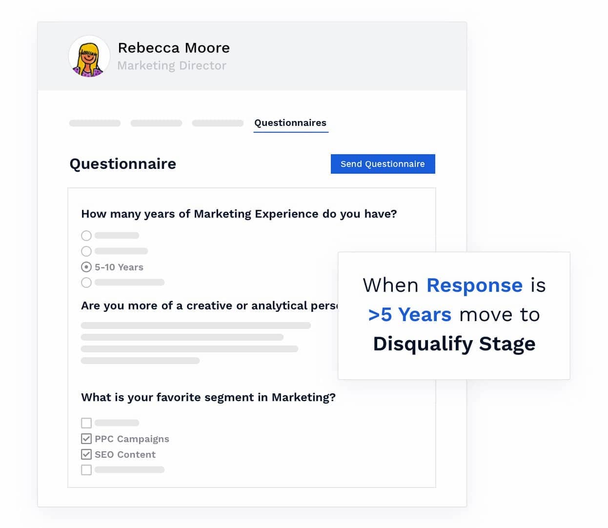 Breezy HR displays an applicant questionnaire and a workflow that automatically disqualifies candidates based on their responses.