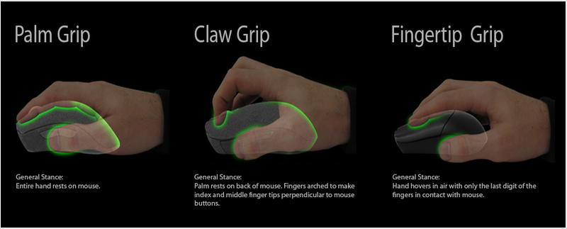 Most gamers adopt three main grips namely the palm grip, claw grip, and fingertip grip and could even change between these grips for different games and tasks.