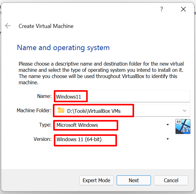 Windows 11 on VirtualBox - Select OS type