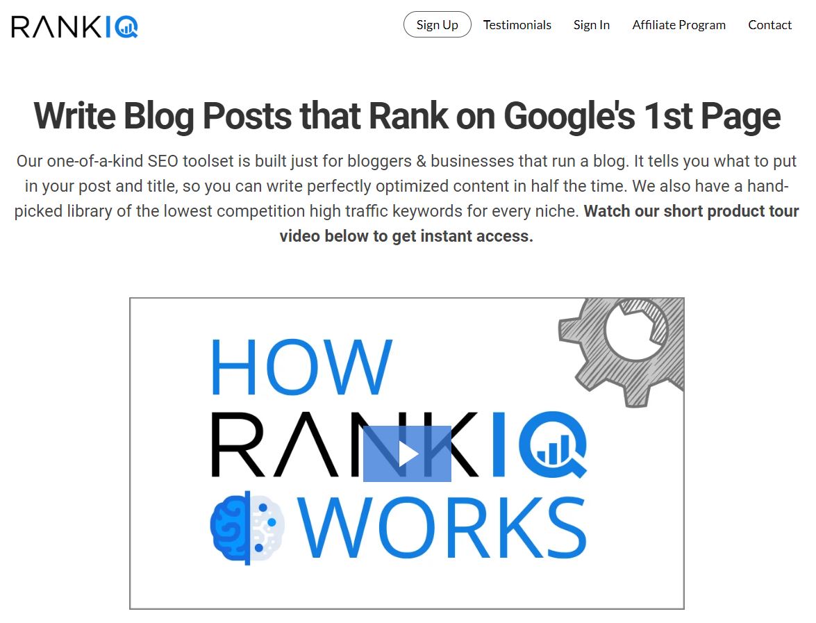 RankIq Home page 