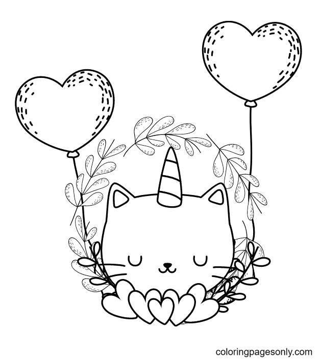 Unicorn Cat with Heart Balloon Coloring Pages