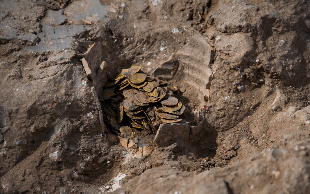 Gold coins found at central Israel archaeological dig (Yoli Schwartz/Israel Antiquities Authority)