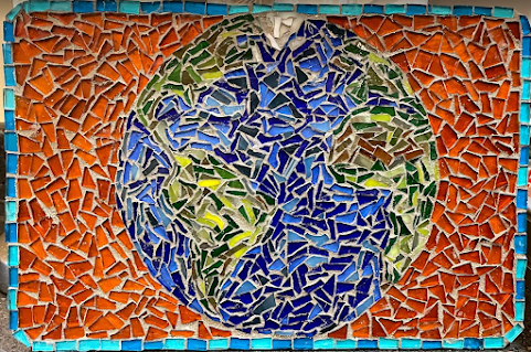 Handcrafted mosaic of Earth created by CLP Board Member, Tema Encarnacion.  Glass tiles on wood.  Approximately 7"x9" - Starting bid - $30. 