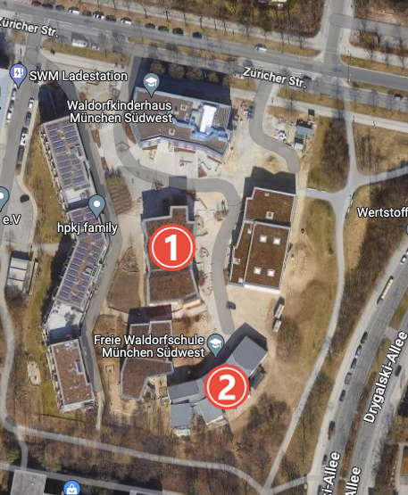 Workshops take place at Waldorfschule München SüdWest, 
Friday Individual Classes will take place in the Red building on 2nd floor (Building 1 on the Map)
Saturday, Sunday Workshops and Practica will take place in the Concert Hall (Building 2 on the Map)
Züricher Straße 9