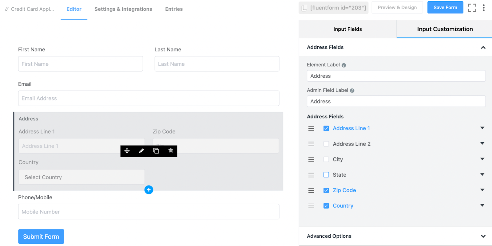 input customization, fluent forms