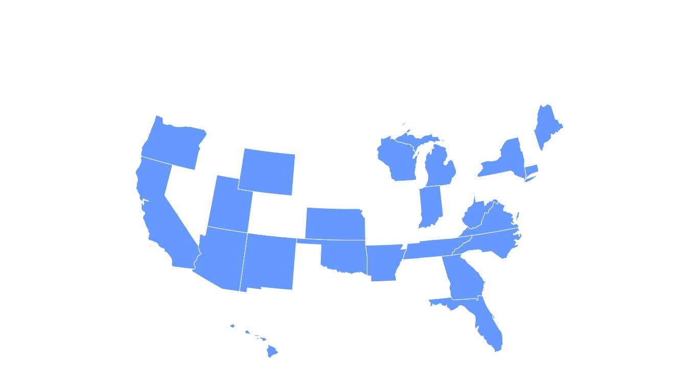 Map of the United States highlighting the states where Xcalibur has GEAR UP Clients.