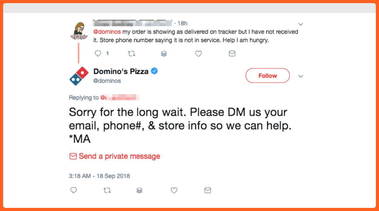 Dominoes responding to a customer complaint on Twitter