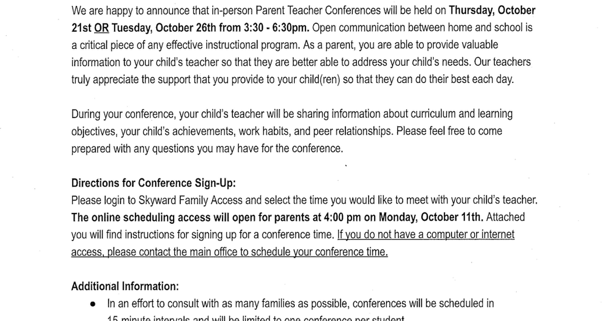 Parent Teacher Conference Letter 2021