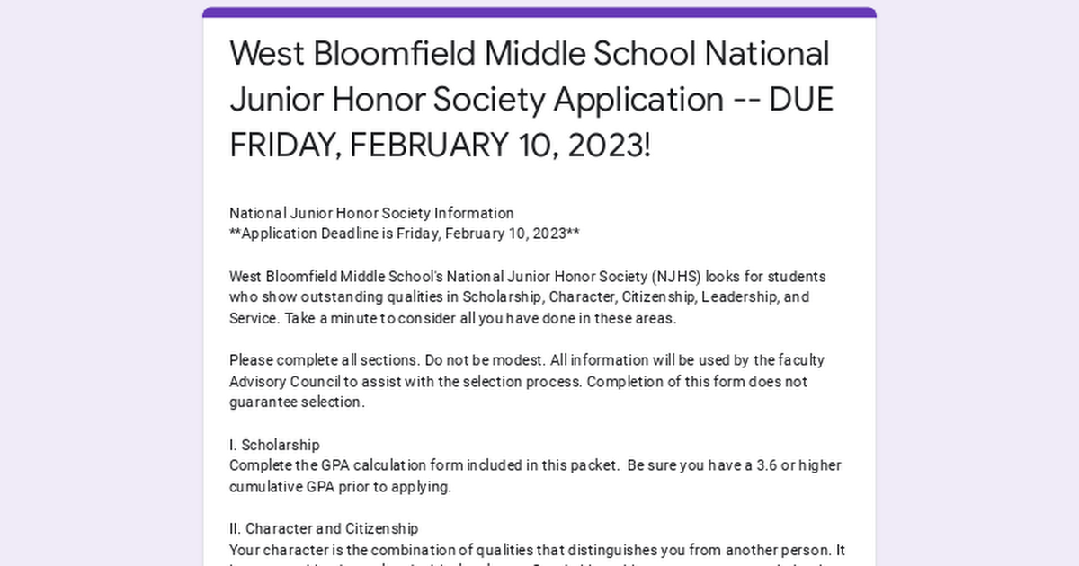 West Bloomfield Middle School National Junior Honor Society Application -- DUE FRIDAY, FEBRUARY 10, 2023!