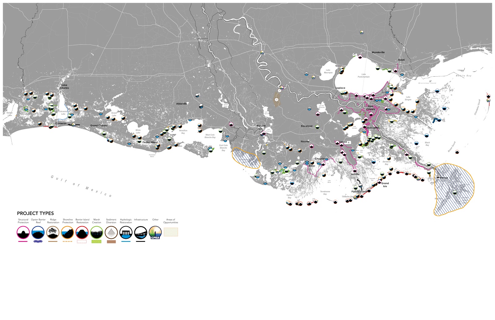 Resiliency in action: map of all CPRA restoration projects that are either completed or funded. Coastal Protection and Restoration Authority of Louisiana. 2017.