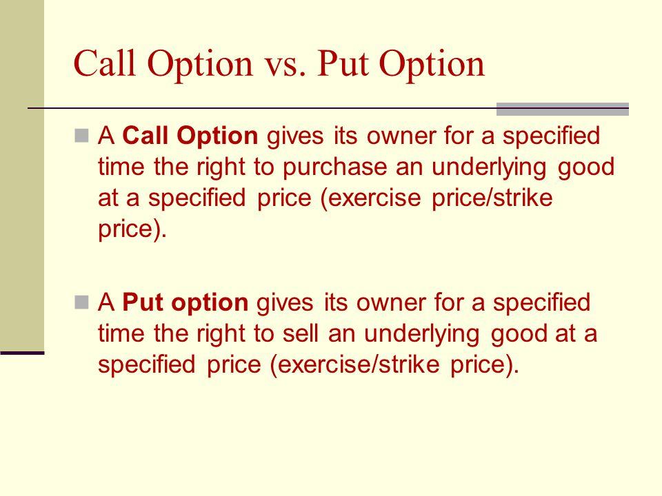 1 CHAPTER 14 Options Markets. Call Option vs. Put Option A Call Option  gives its owner for a specified time the right to purchase an underlying  good at. - ppt download