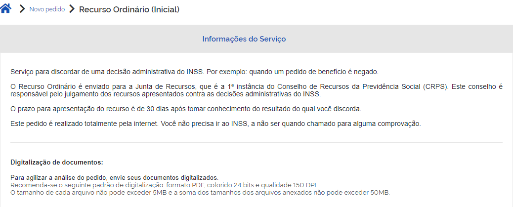 Informações do serviço de recurso no Meu INSS