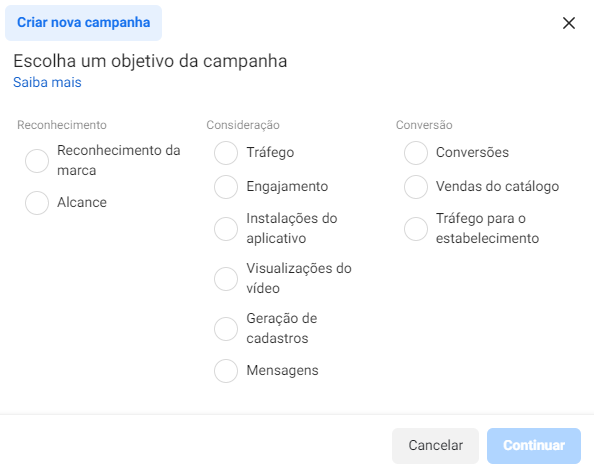 Objetivos de campanha de Facebook Ads