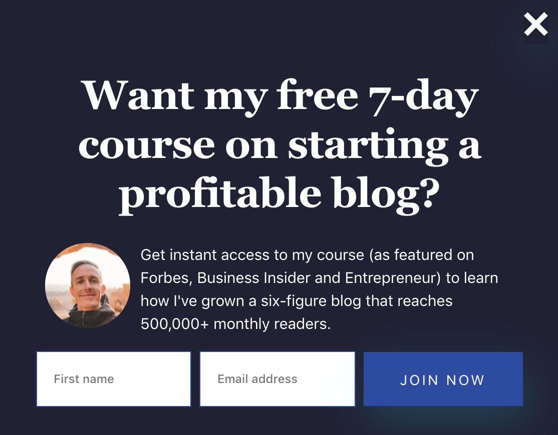 An image of Ryan Robin form to join his free 7-day course on starting a profitable blog.