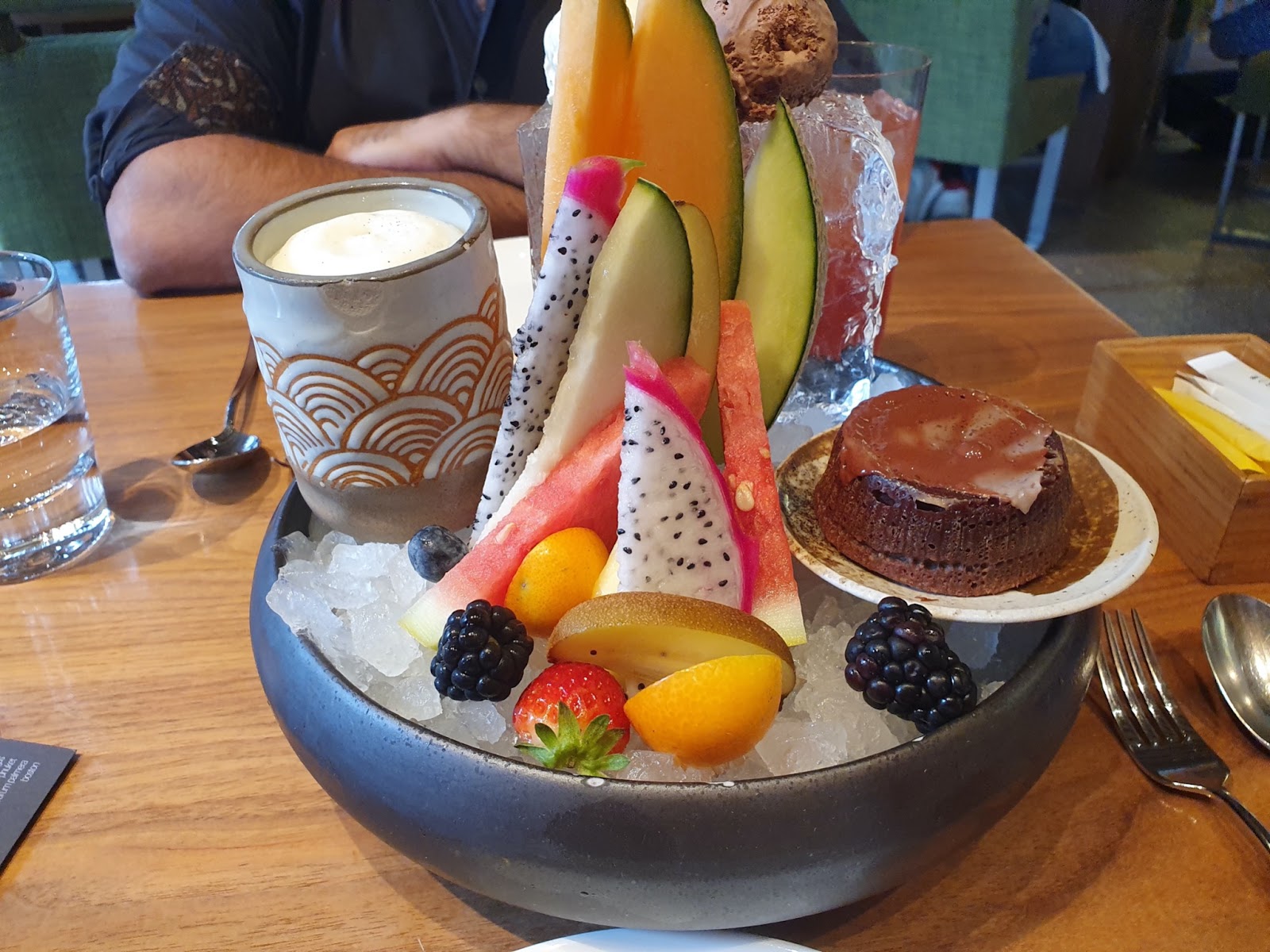fruit platter with ice cream and yogurt parfait