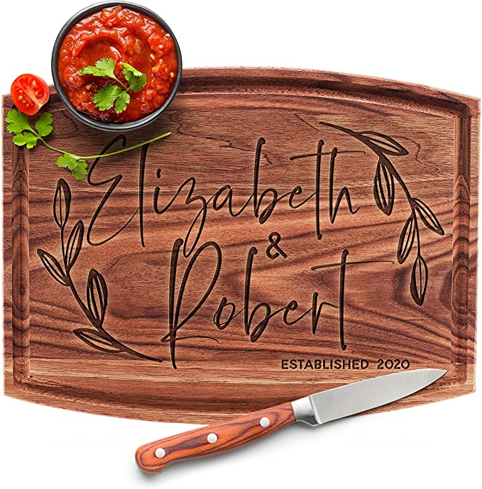 Custom Cutting Board Gift with names elizabeth and robert carved in