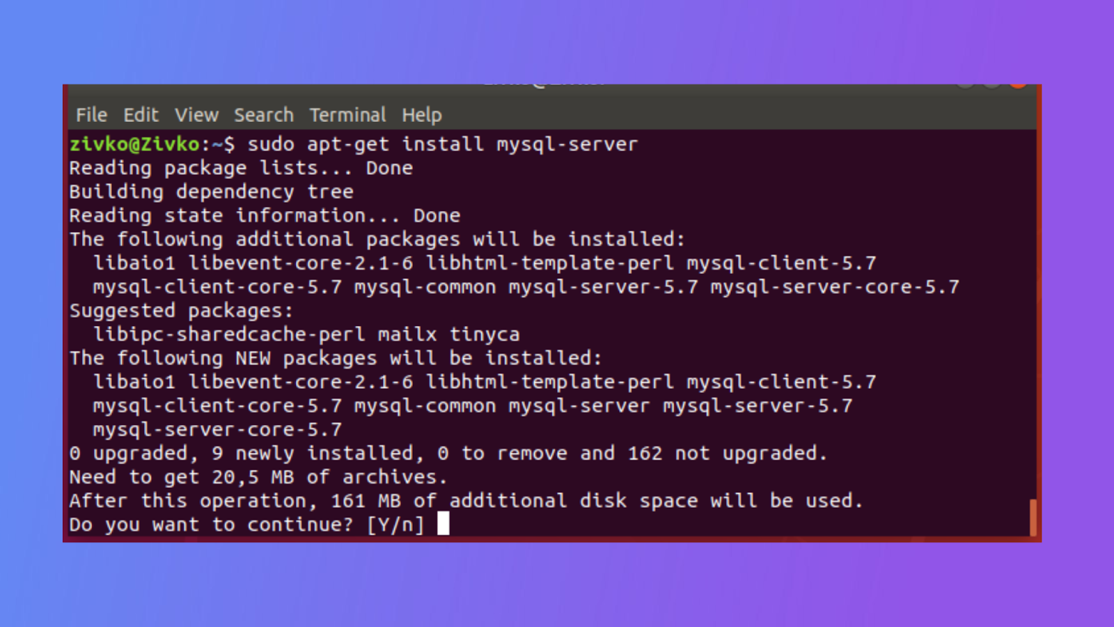 code to install mysql server