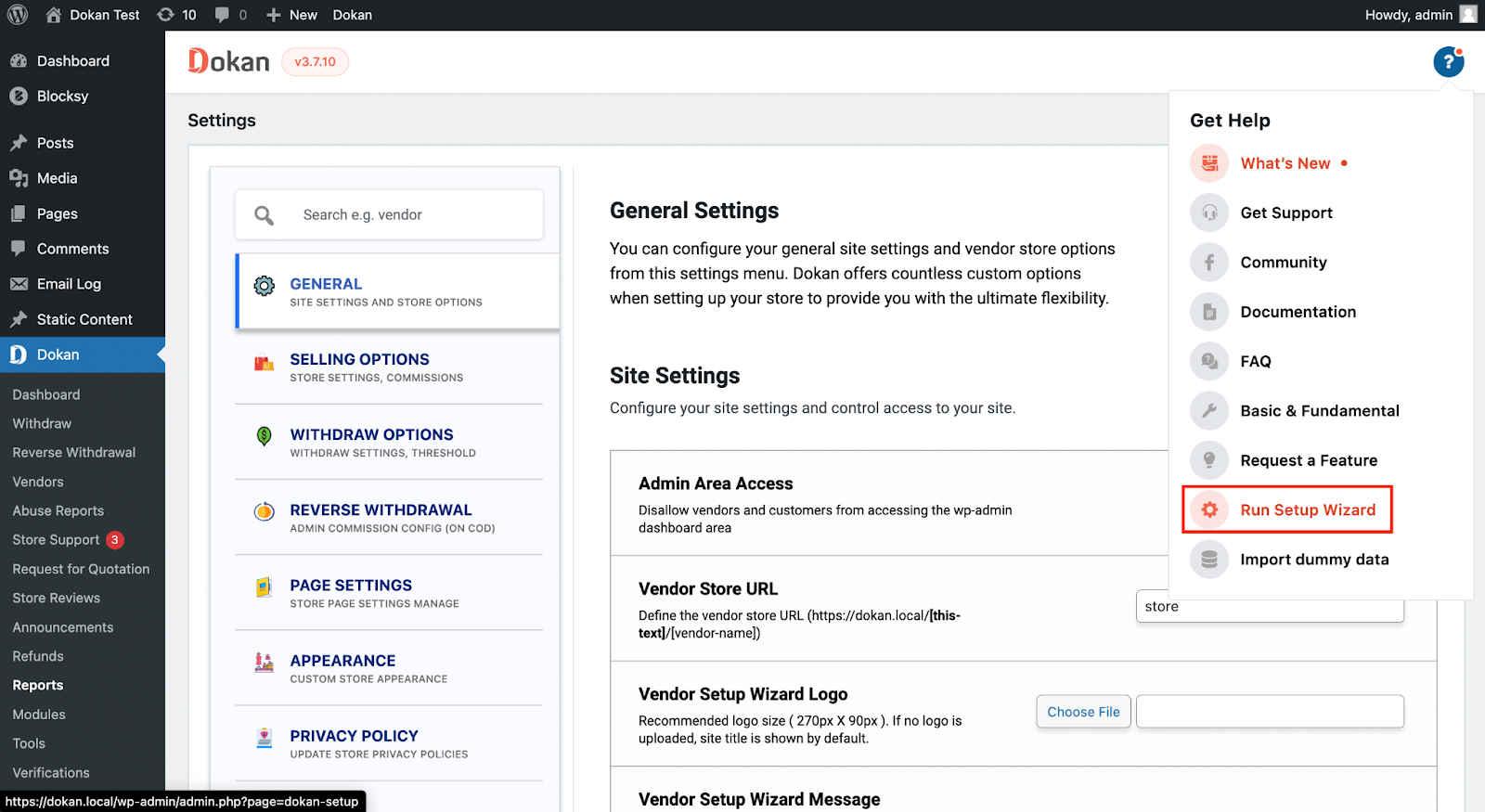 This image shows Dokan necessary settings like Selling options, withdraw options, and so on. 