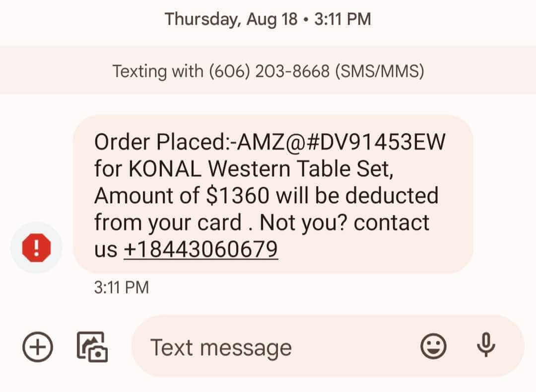 Example of scam text about placing an order