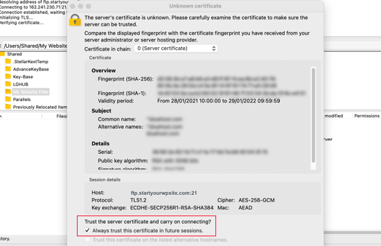 FileZilla pode mostrar um pop-up de certificado
