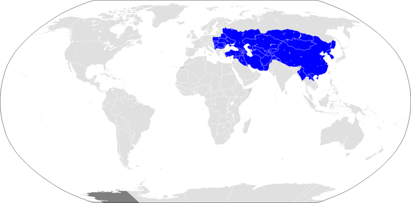 World map displaying the extent of the Mongol empire at its height, spanning from Eastern Europe to East Asia.