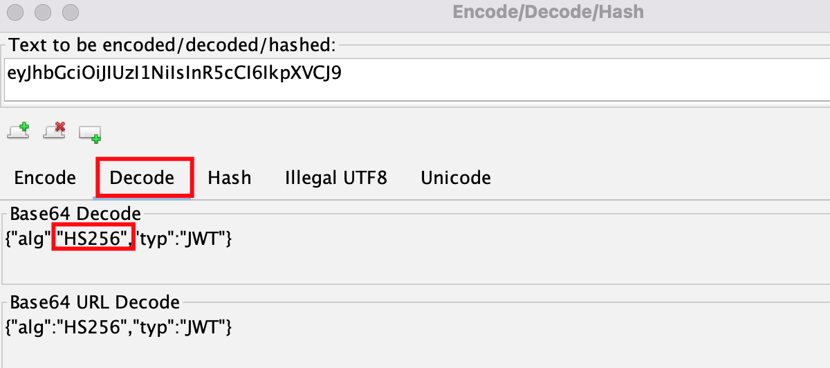 The Encode/Decode/Hash tool in ZAP, with highlights showing the Decode tab is selected, and the alg claim is HS256.