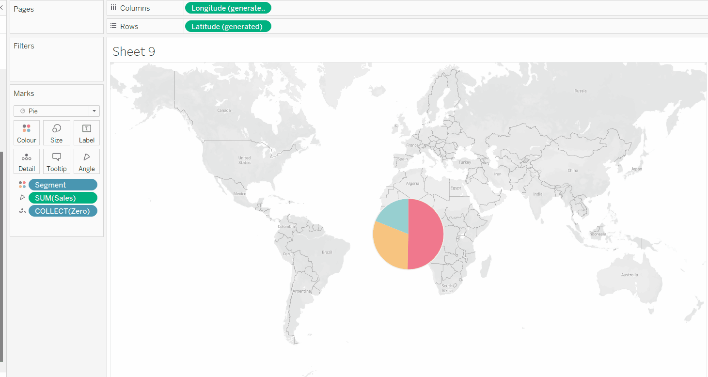 using keyboard shortcuts to increase the size of a pie chart on a map in Tableau
