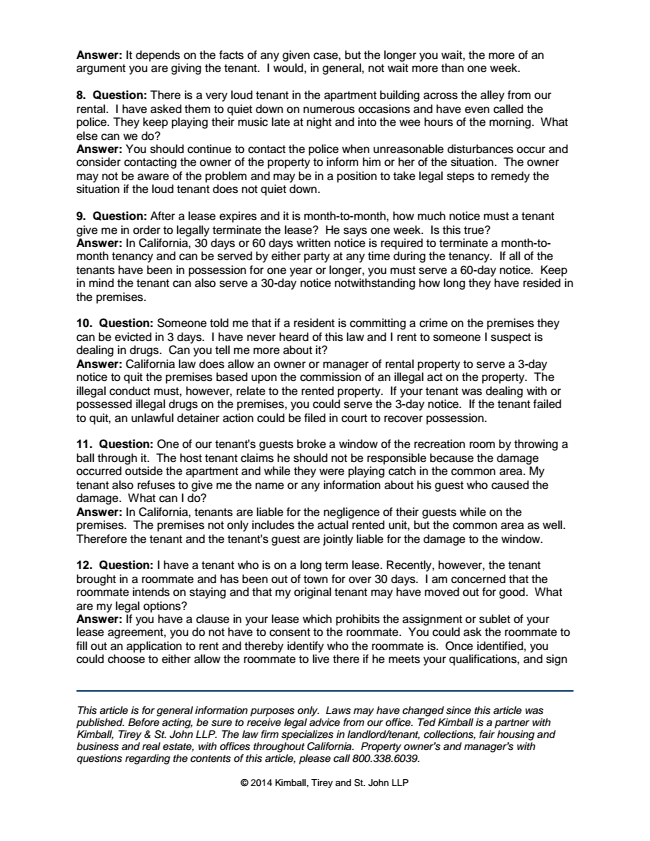 KTS MONTHLY LEGAL UPDATES: Landlord/Tenant Questions 