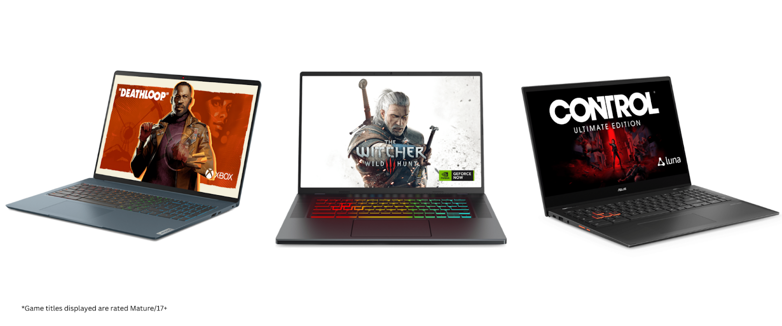 3 Chromebooks con juegos: Deathloop, The Witcher 3: Wild Hunt y Control Ultimate Edition.