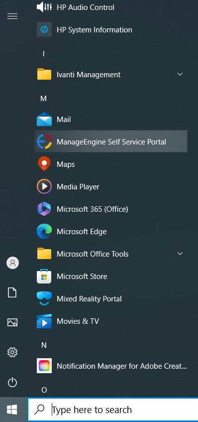 Start menu open with ManageEngine Self Service Portal highlighted