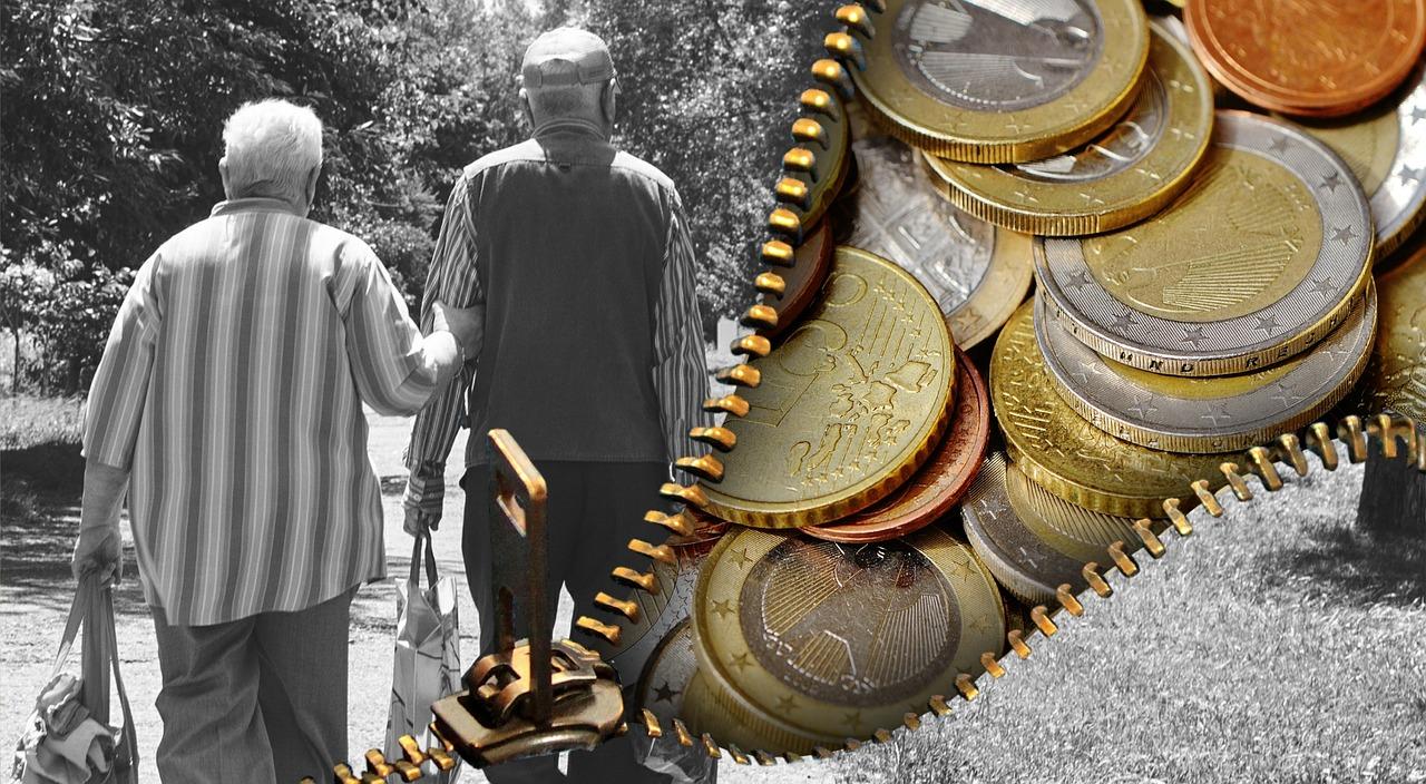 A picture containing an old couple outdoor with a zipper unzipping the picture to reveal money.