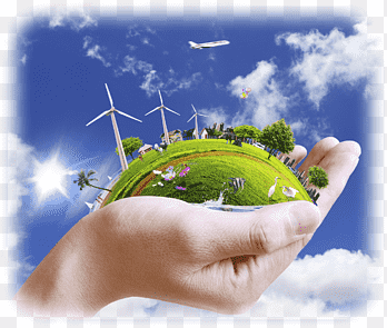 Hand holding the globe with images of wind turbine equipment, the sky and the earth.