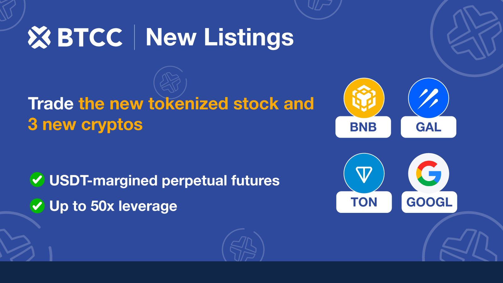 Trade the new tokenized stock and 3 cryptos on BTCC