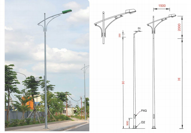 Cột đèn cao áp 7m bát giác rời cần BG7-78 lắp Cần đèn đơn PN01-D