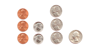 A collection of coins consisting of three pennies, two dimes, three nickels, and one quarter.