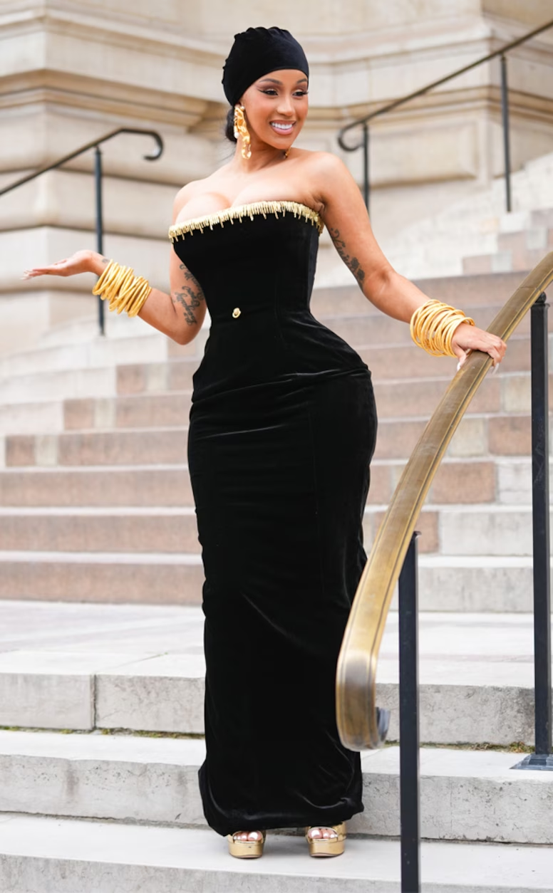 Cardi B rocks her stunning black dress without fur on the steps of Paris