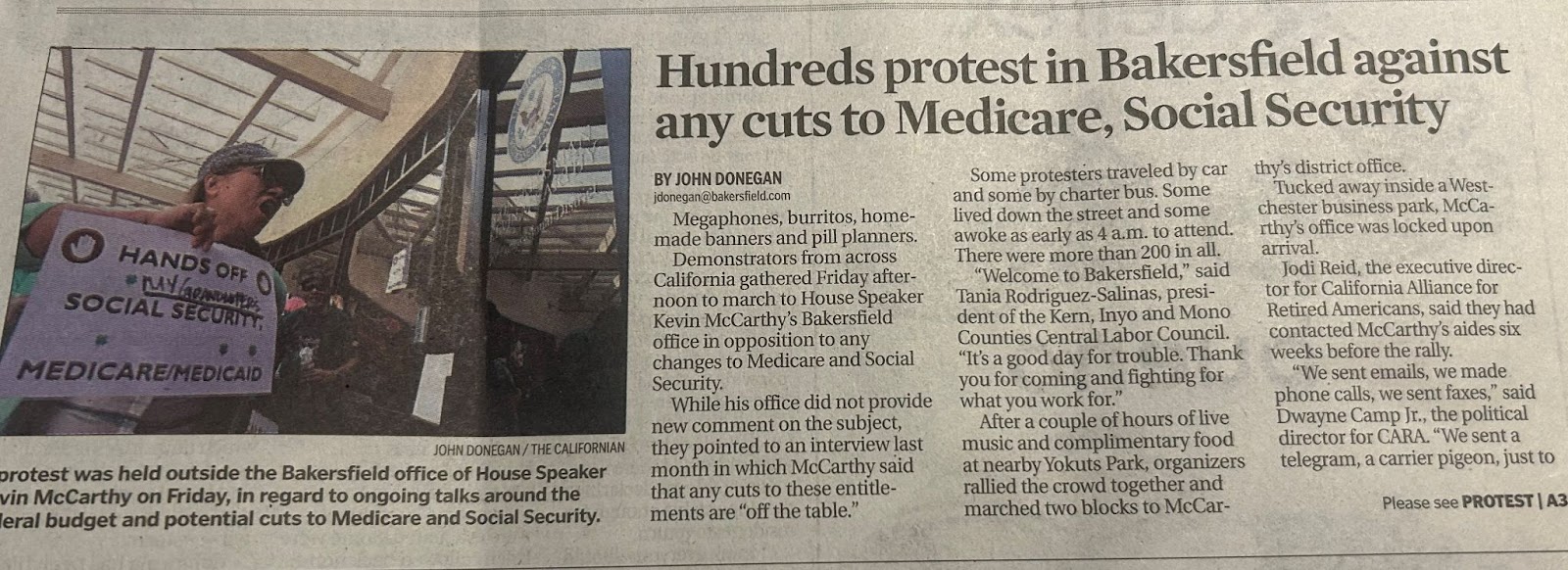Picture of the front page of the Bakersfield newspaper with headline "Hundreds protest in Bakersfield against any cuts to Medicare, Social Security"