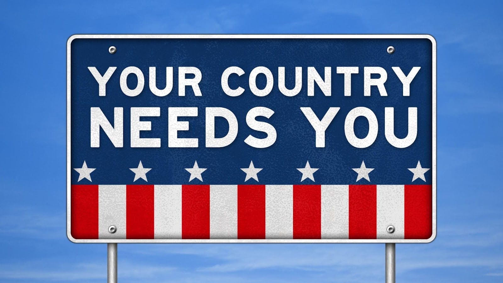 A sign that says "your country needs you" with pieces of the american flag. 